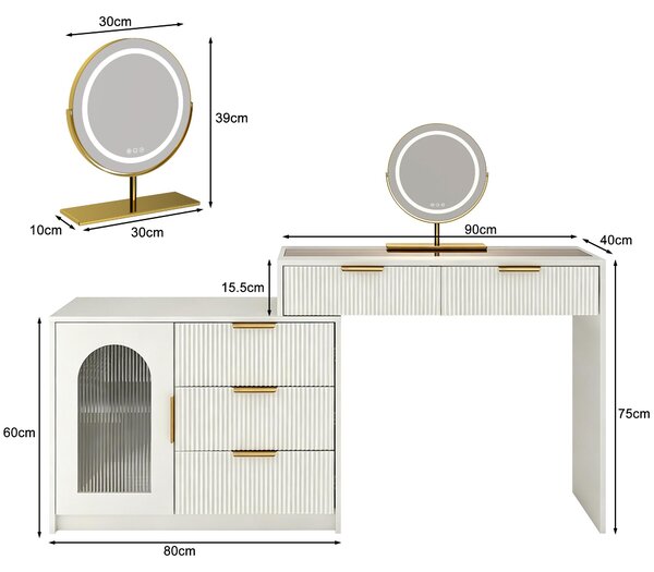 Kosmetický stolek, skleněná deska, výsuvná, LED zrcadlo, reliéfní povrch, rozměry: výška 75 cm, šířka 90-160 cm, hloubka 40 cm (bílá)