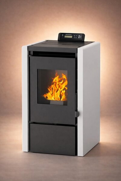 NEMAXX® PC5, peletový krb, 5,3 kW, energetická třída A+, pro místnosti do 120 m³ – režimy Chrono/ECO, připraven pro Wi-Fi, displej a dálkové ovládání – ochrana proti přehřátí a automatické vypnutí – bílá barva