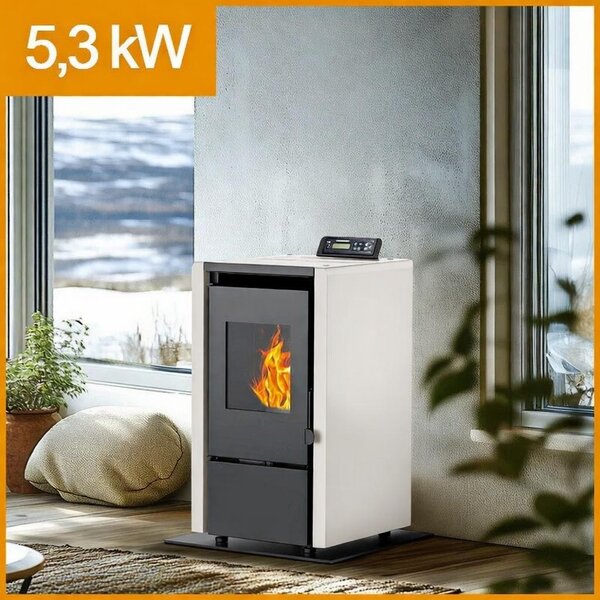 NEMAXX® PC5, peletový krb, 5,3 kW, energetická třída A+, pro místnosti do 120 m³ – režimy Chrono/ECO, připraven pro Wi-Fi, displej a dálkové ovládání – ochrana proti přehřátí a automatické vypnutí – bílá barva