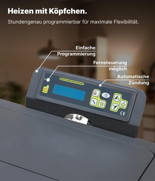 NEMAXX® PC5, peletový krb, 5,3 kW, energetická třída A+, pro místnosti do 120 m³ – režimy Chrono/ECO, připraven pro Wi-Fi, displej a dálkové ovládání – ochrana proti přehřátí a automatické vypnutí – bílá barva