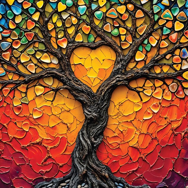 Obraz na plátně - Strom života Sluneční srdce s kamínky FeelHappy.cz Velikost obrazu (šířka x výška): 40 x 40 cm