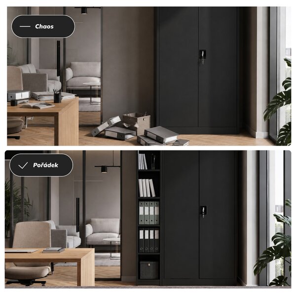 Úzký kovový archivační regál na dokumenty černý, 250x1850x450 mm: TIM