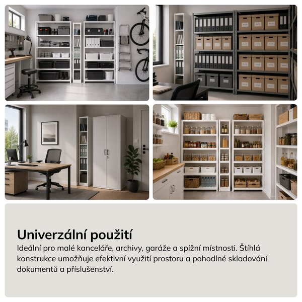 Úzký kovový archivační regál na dokumenty bílý, 250x1850x450 mm: TIM