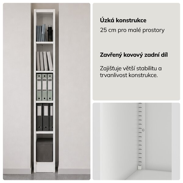 Úzký kovový archivační regál na dokumenty bílý, 250x1850x600 mm: TIM