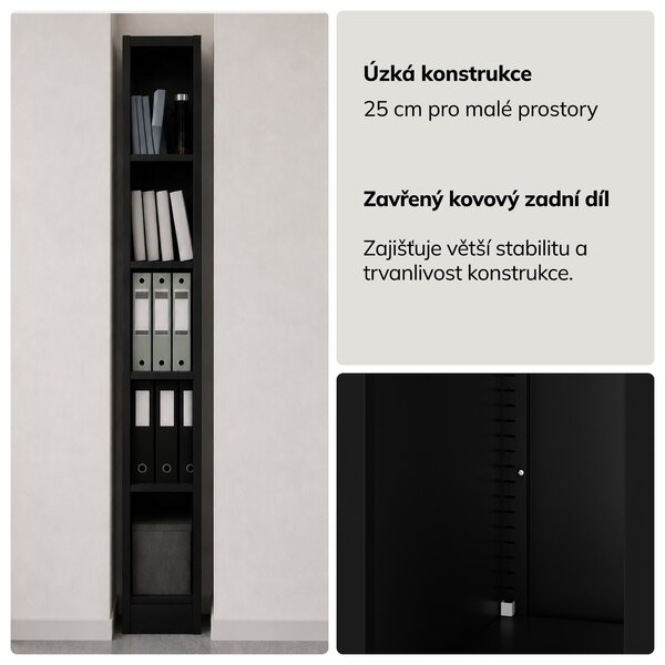 Úzký kovový archivační regál na dokumenty antracitový, 250x1850x600 mm: TIM
