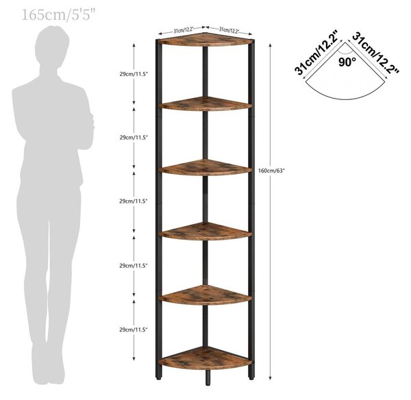 Rohový regál Šestipatrový - 31 x 31 x 160 cm - Nosnost 30 kg - Kovová konstrukce - Úspora místa v rohu