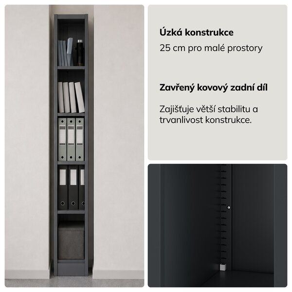 Úzký kovový archivační regál na dokumenty antracitový, 250x1850x450 mm: TIM