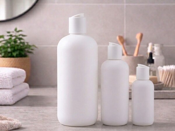 Bílá lahvička s disc-top bílým uzávěrem Rozměr: 250 ml