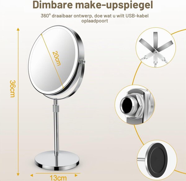 Kosmetické zrcadlo s LED osvětlením - 10x zvětšení - 1x - Oboustranné zvětšovací zrcadlo s 3 režimy osvětlení - Výška nastavitelná