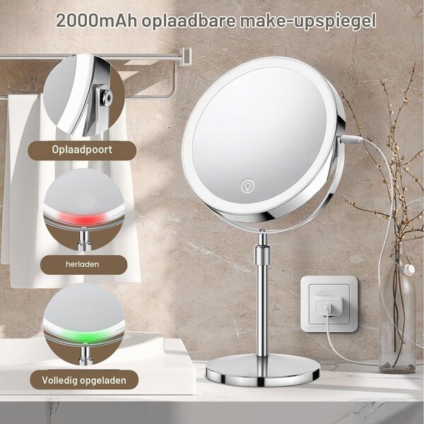 Kosmetické zrcadlo s LED osvětlením - 10x zvětšení - 1x - Oboustranné zvětšovací zrcadlo s 3 režimy osvětlení - Výška nastavitelná