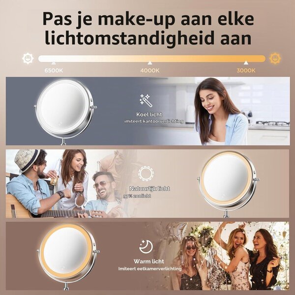 Kosmetické zrcadlo s LED osvětlením - 10x zvětšení - 1x - Oboustranné zvětšovací zrcadlo s 3 režimy osvětlení - Výška nastavitelná