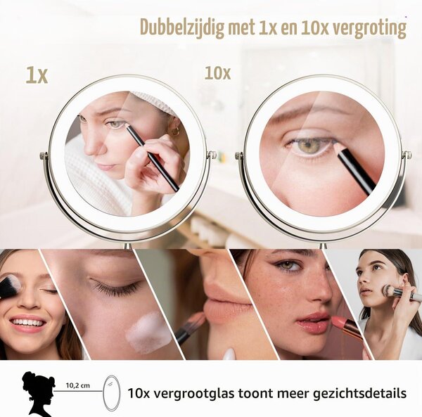 Zrcadlo na líčení Jutyum – sada 10 kusů – montáž na zeď – zvětšení 1x – LED osvětlení – stmívatelné zrcadlo – 3 barvy