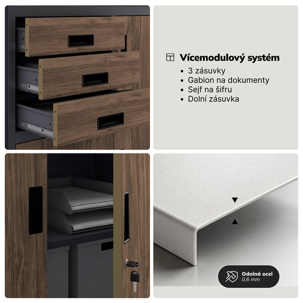 Kovová kancelářská skříň se sejfem antracitová, ořech, 900x1850x400 mm: FILIP II Eco Design
