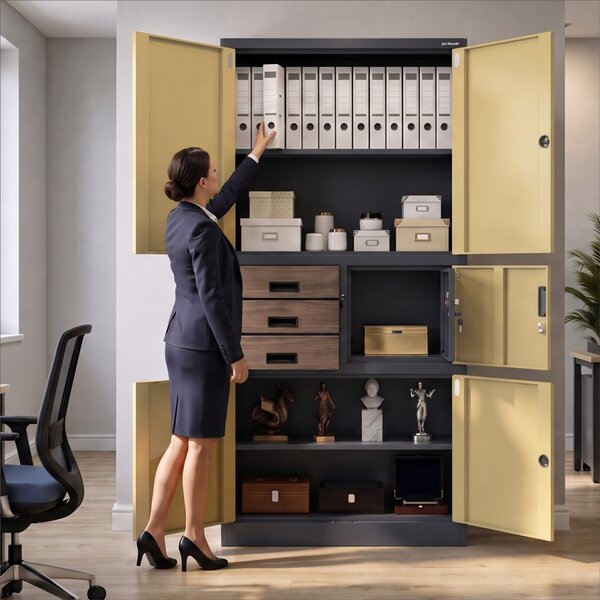 Kovová kancelářská skříň se sejfem antracitová, ořech, 900x1850x400 mm: FILIP II Eco Design