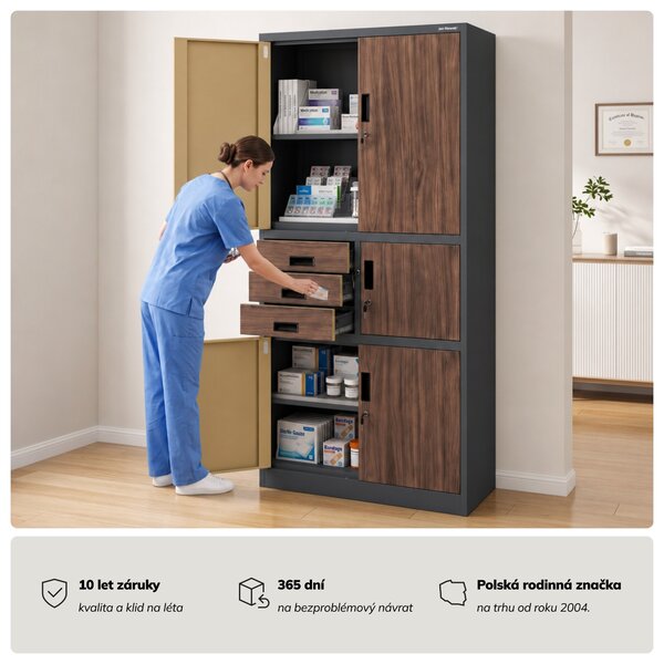 Kovová kancelářská skříň se sejfem antracitová, ořech, 900x1850x400 mm: FILIP II Eco Design