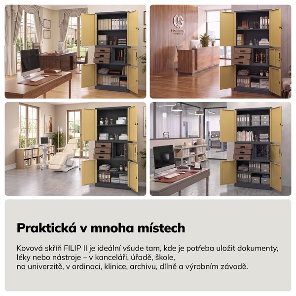 Kovová kancelářská skříň se sejfem antracitová, ořech, 900x1850x400 mm: FILIP II Eco Design