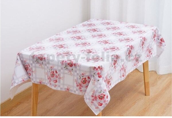 Ubrus PVC 3581378, metráž, 20 m x 140 cm, fialové čtverce s červenými květy, IMPOL TRADE