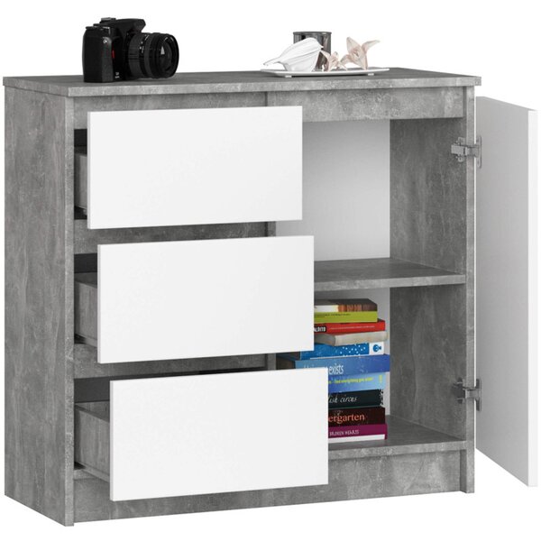 Komoda K80 JERRY 1D 3SZ - beton/bílá