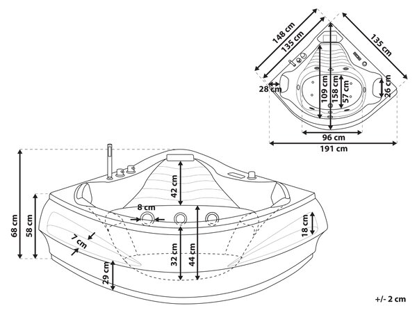 Rohová vířivá vana s LED osvětlením MONACO s reproduktorem Bluetooth 210 x 145 cm Bílá