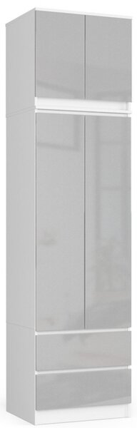 Šatní skříň s nástavbou S60 2D 2SZ CLP, bílá/šedý lesk