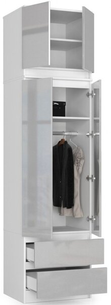 Šatní skříň s nástavbou S60 2D 2SZ CLP, bílá/šedý lesk
