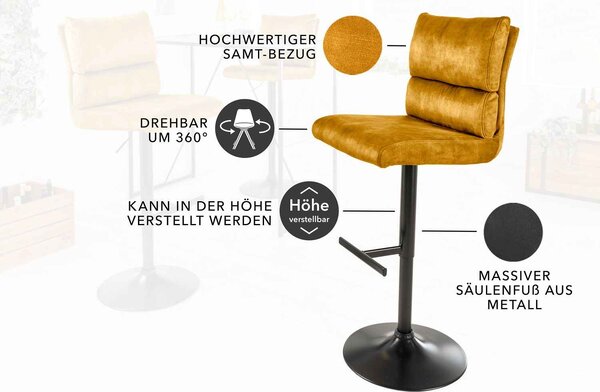 Designová barová otočná židle Frank hořčičný samet