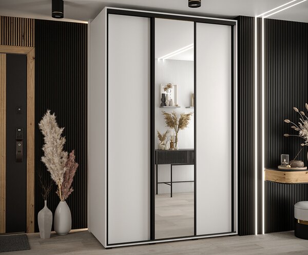 Šatní skříň s posuvnými dveřmi a zrcadlem DAVOS 150cm | Bílá / černé pojezdy