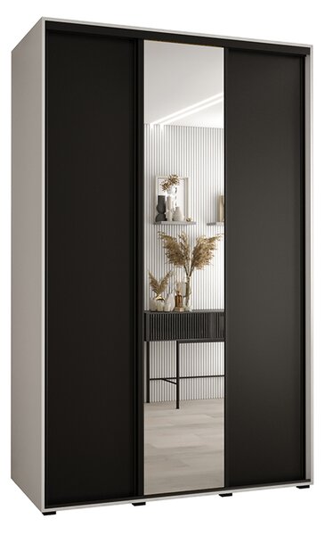 Šatní skříň s posuvnými dveřmi a zrcadlem DAVOS 150cm | Bílá / černá / černé pojezdy