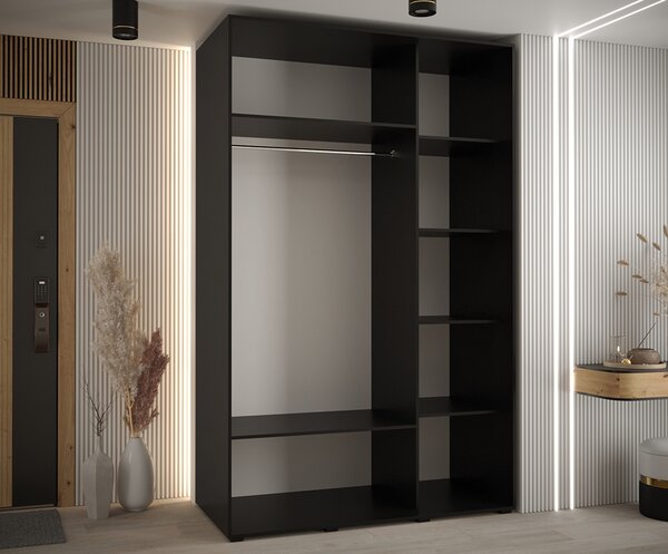Šatní skříň s posuvnými dveřmi DAVOS 150cm | Černá / černé pojezdy