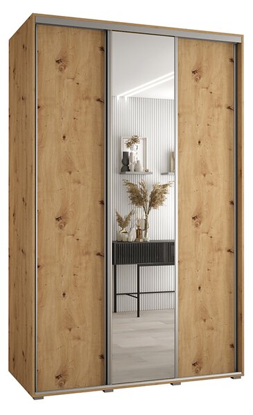 Šatní skříň s posuvnými dveřmi a zrcadlem DAVOS 150cm | DUB Artisan / stříbrné pojezdy