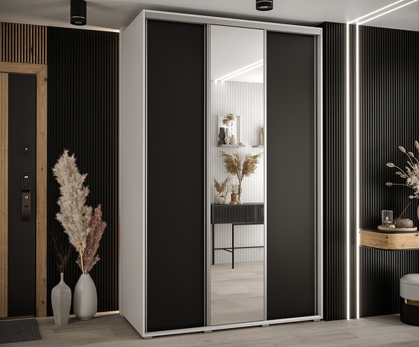 Šatní skříň s posuvnými dveřmi a zrcadlem DAVOS 150cm | Bílá / černá / stříbrné pojezdy