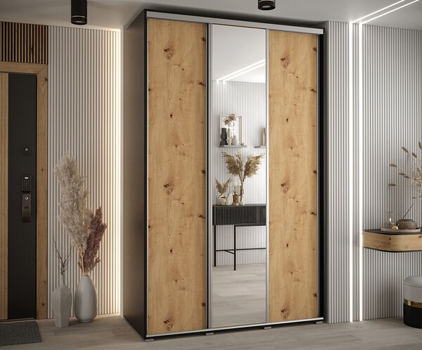 Šatní skříň s posuvnými dveřmi a zrcadlem DAVOS 150cm | Černá / DUB Artisan / stříbrné