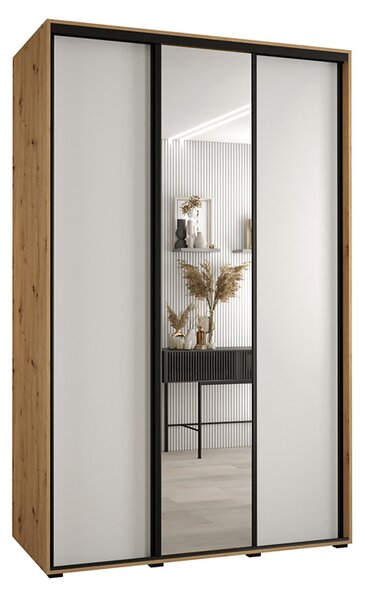 Šatní skříň s posuvnými dveřmi a zrcadlem DAVOS 150cm | DUB Artisan / bílá / černé pojezdy