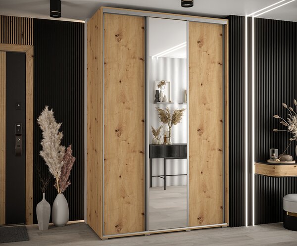 Šatní skříň s posuvnými dveřmi a zrcadlem DAVOS 150cm | DUB Artisan / stříbrné pojezdy