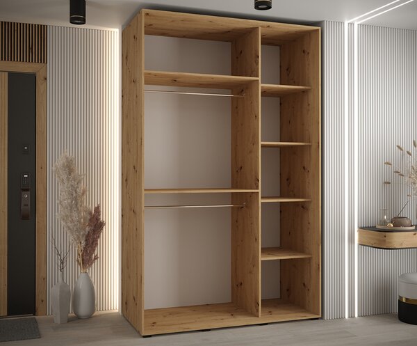 Šatní skříň s posuvnými dveřmi a zrcadlem DAVOS 150cm | DUB Artisan / černá / stříbrné