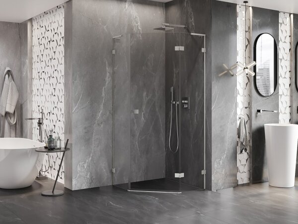Mexen Lunar, L pětiúhelníkový sprchový kout naklápěcí vpravo 80 x 80 cm, 8mm čiré sklo, ocelový profil, 831L-080P-080L-97-00-P