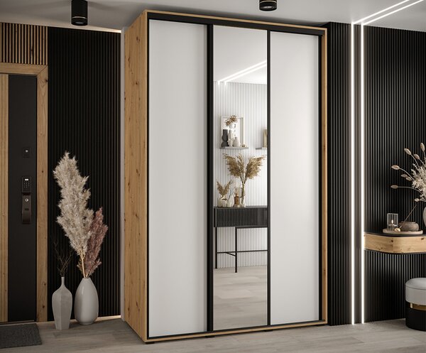 Šatní skříň s posuvnými dveřmi a zrcadlem DAVOS 150cm | DUB Artisan / bílá / černé pojezdy