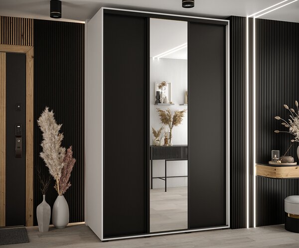 Šatní skříň s posuvnými dveřmi a zrcadlem DAVOS 150cm | Bílá / černá / černé pojezdy