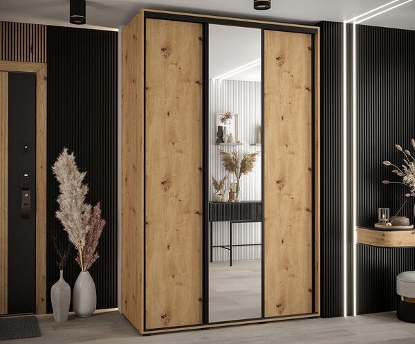 Šatní skříň s posuvnými dveřmi a zrcadlem DAVOS 150cm | DUB Artisan / černé pojezdy