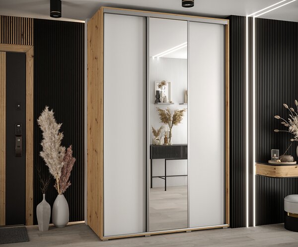 Šatní skříň s posuvnými dveřmi a zrcadlem DAVOS 150cm | DUB Artisan / bílá / stříbrné