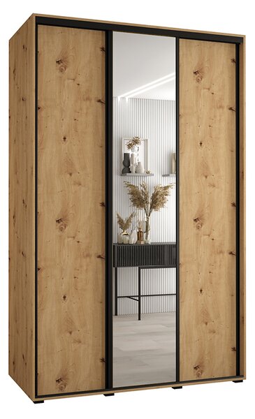 Šatní skříň s posuvnými dveřmi a zrcadlem DAVOS 150cm | DUB Artisan / černé pojezdy