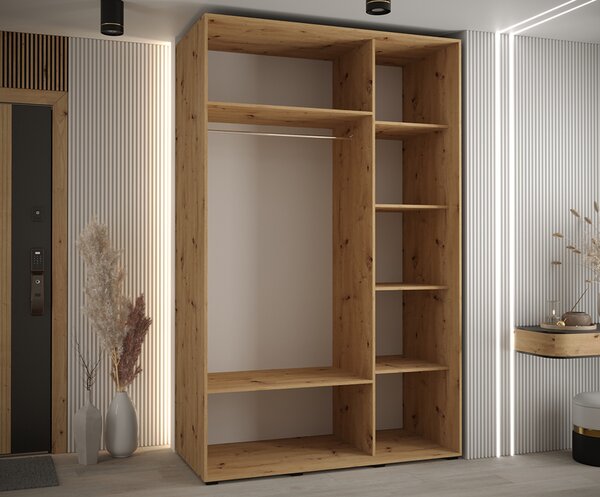 Šatní skříň s posuvnými dveřmi a zrcadlem DAVOS 150cm | DUB Artisan / černá / stříbrné