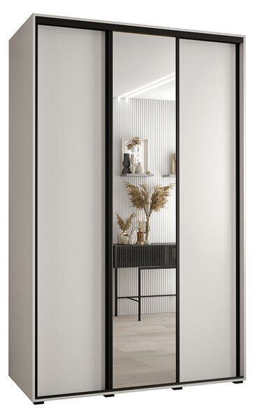 Šatní skříň s posuvnými dveřmi a zrcadlem DAVOS 150cm | Bílá / černé pojezdy