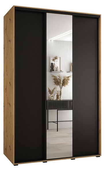 Šatní skříň s posuvnými dveřmi a zrcadlem DAVOS 150cm |DUB Artisan / černá / černé pojezdy