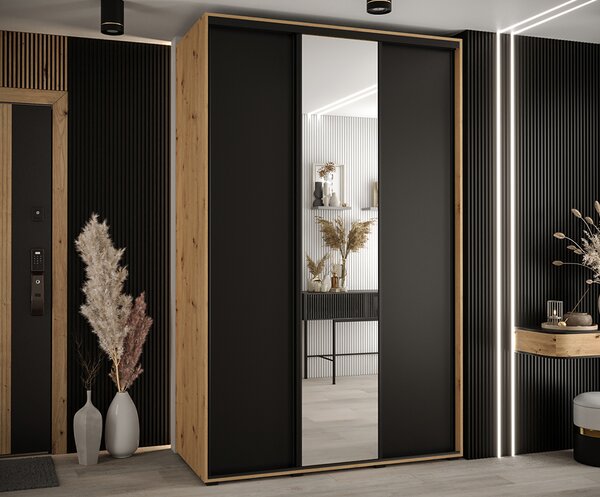 Šatní skříň s posuvnými dveřmi a zrcadlem DAVOS 160cm |DUB Artisan / černá / černé pojezdy
