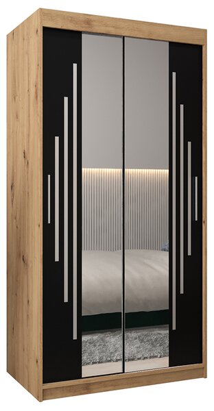 Šatní skříň s posuvnými dveřmi a dvoudílným zrcadlem YORK1 - 100x200cm -Dub Artisan-Černá-