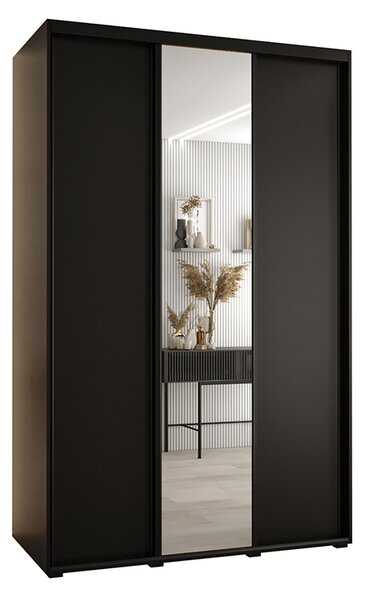 Šatní skříň s posuvnými dveřmi a zrcadlem DAVOS 150cm | Černá / černé pojezdy