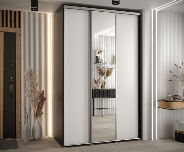 Šatní skříň s posuvnými dveřmi a zrcadlem DAVOS 150cm | Černá / bílá / stříbrné pojezdy