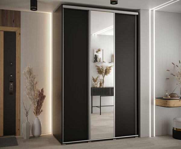 Šatní skříň s posuvnými dveřmi a zrcadlem DAVOS 150cm | Černá / stříbrné pojezdy