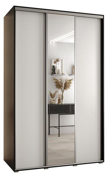 Šatní skříň s posuvnými dveřmi a zrcadlem DAVOS 150cm | Černá / bílá / stříbrné pojezdy
